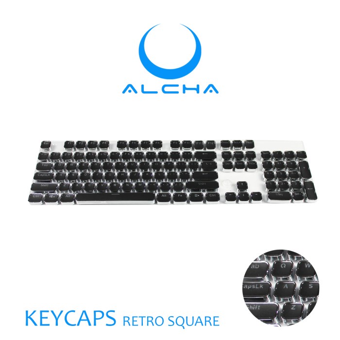 ALCHA KEYCAPS RETRO SQUARE BACKLIT BLACK / WHITE - Hitam