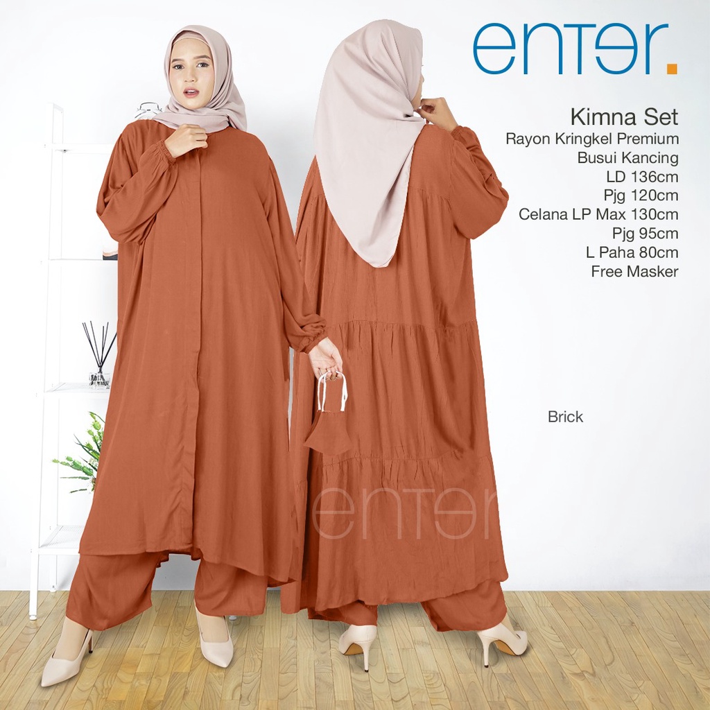 Enter Kimna Set Stelan Wanita Kekinian Crinkle Airflow Baju Setelan Jumbo LD 130 One Set Long Tunik-2