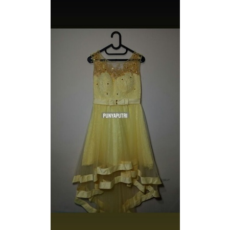 Preloved Gaun Pesta Ekor Panjang/Party Dress Long Tailed Warna Kuning Gold untuk Wanita/Anak Perempu