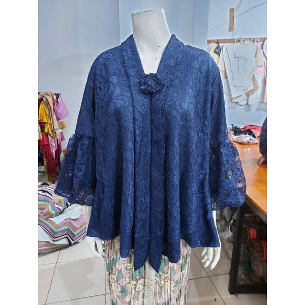 (BrBlJMB) Kebaya floy JUMBO BROKAT tangan BALON glitter KeroncongBusana-Navy