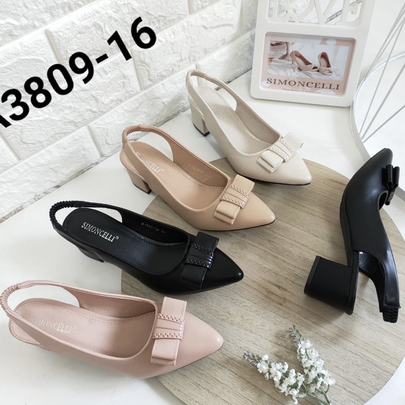 Short heels ribbon stripe back Simoncelli Import high quality sepatu wanita hak tahu kantor kerja