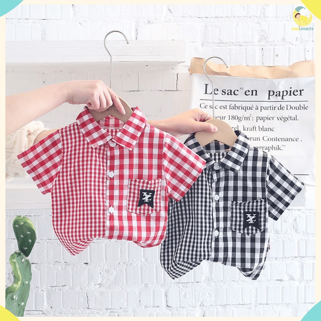 BABYLOVANTA- Atasan kemeja lucu baby impor premium 0-5 Tahun baju baby impor korean Motif Kotak Hitam &amp; Merah YZ