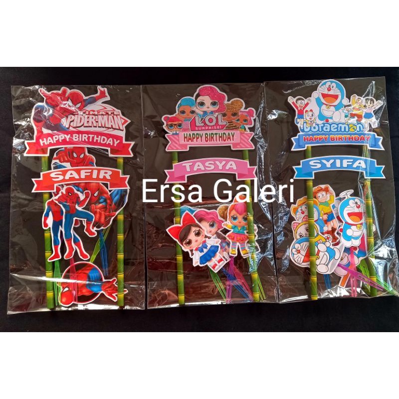 Cake Topper happy birthday hiasan kue ultah topper cake tusukan kue karakter doraemon spiderman lol