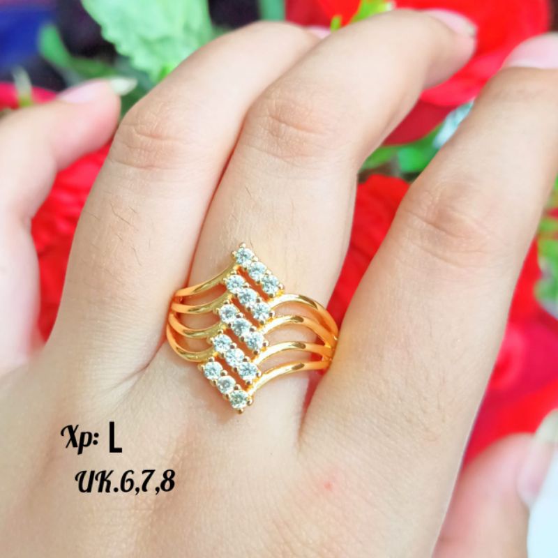 Cincin Dewasa motif strip lima permata Gold&amp;Silver,elok menawan tidak karat *COD*