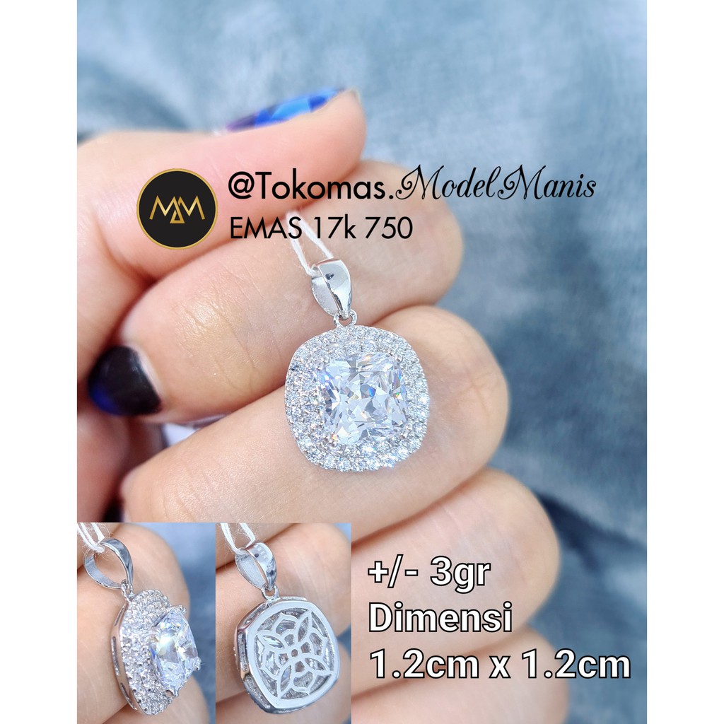 Liontin emas kotak diamond looks model Berlian emas putih 750 kadar 17k