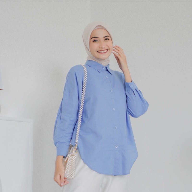 Gea Top | Kemeja Oversize Linen Wanita - Linen Shirt PREMIUM - Atasan Wanita Lengan Panjang - bagian belakang cutting silang - M,XL - JUMBO - READY SIZE - TERMURAH - PRUCHIA - BUSUI FRIENDLY - COD