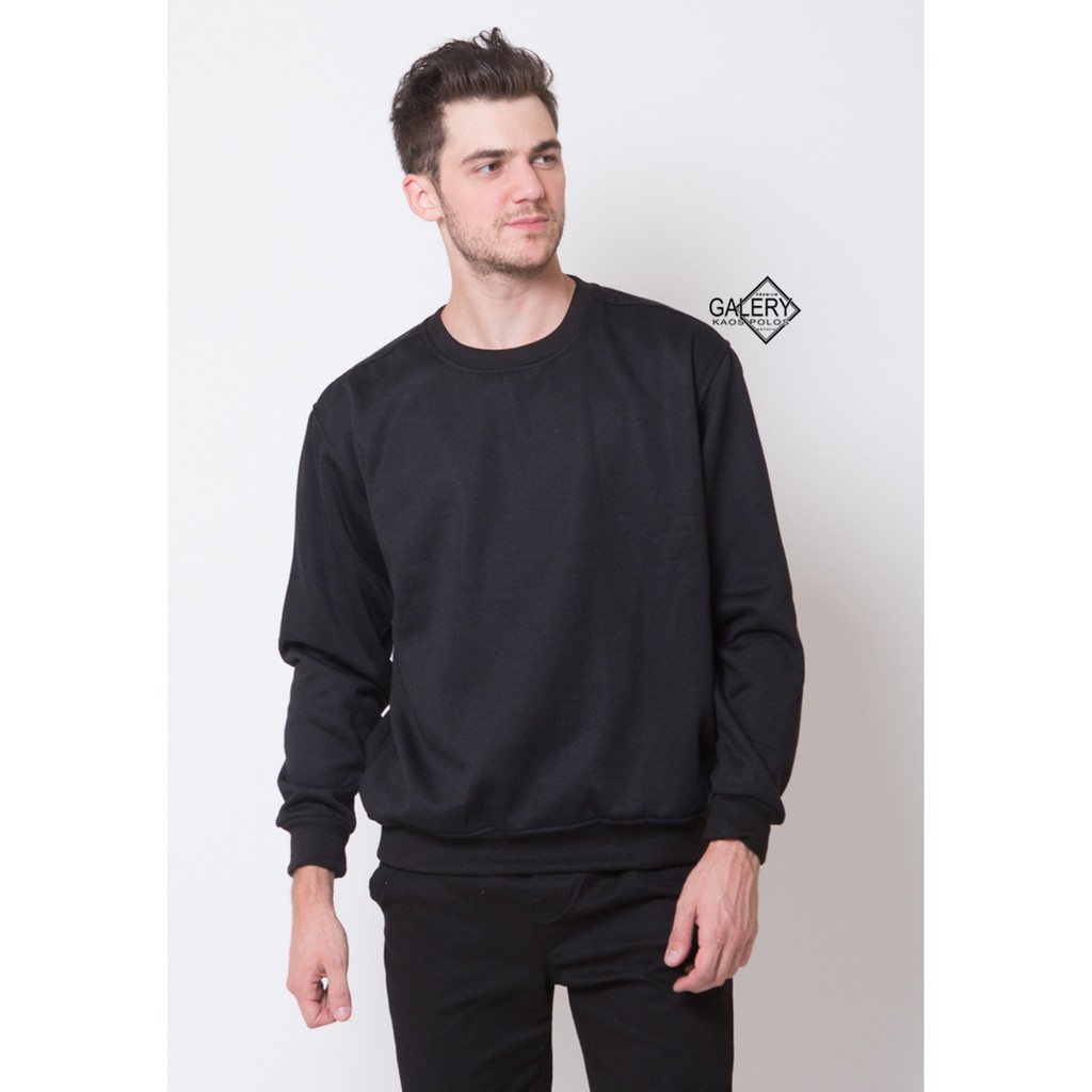 Galery Basic Sweater [HARGA PABRIK] CREWNECK Bahan Cotton Fleece Premium Lembut Unisex Cewek Cowok-Sweater Black Solid