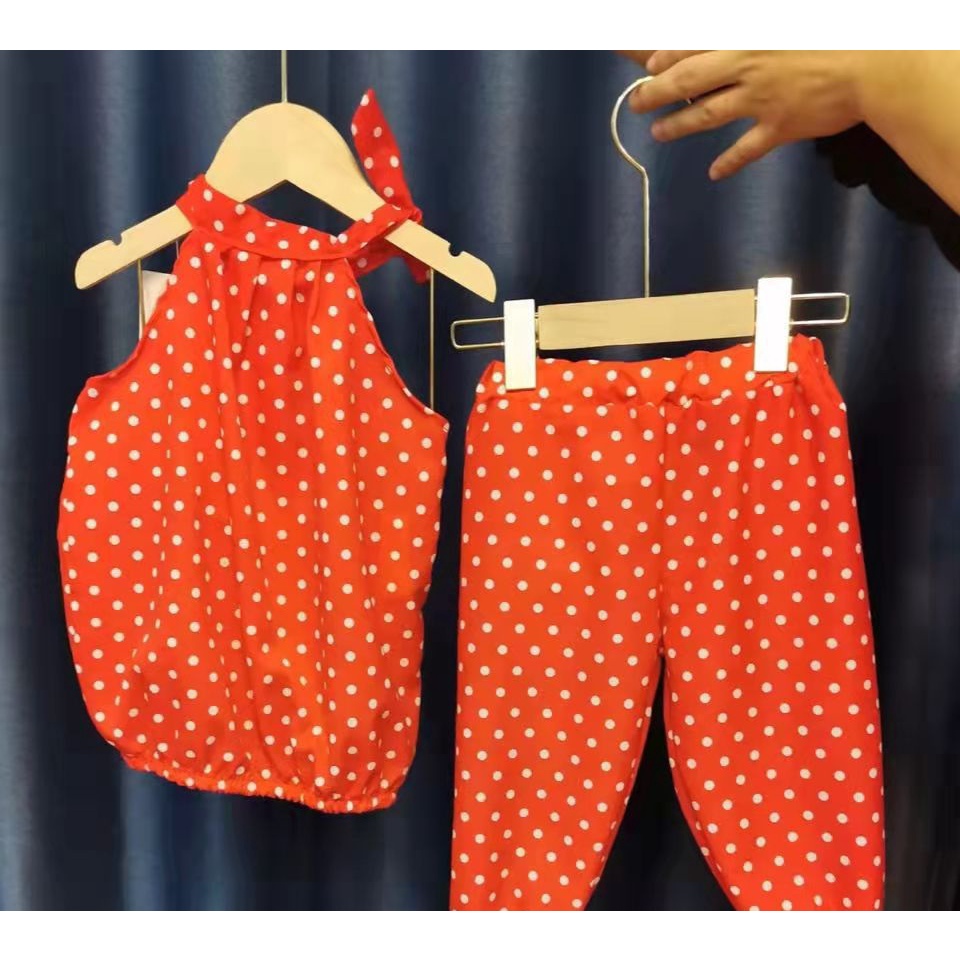 NEW Setelan baju anak tanpa lengan motif polkadot dengan celana panjang