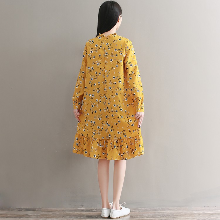 Dress Model Longgar Kerah Tegak Print Bunga Aksen Ruffle Gaya Korea untuk Wanita
