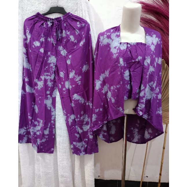 ONE SET CARDI CARDIGAN TEDYE SETELAN WANITA MOTIF AKAR LILIT SHIBORI BALI BAHAN RAYON JUMBO LD 130-Kemben ungu