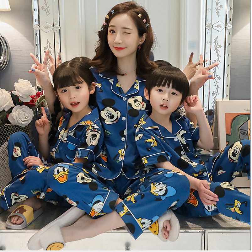 Piyama Couple Ibu dan Anak Import CP - Set Baju Tidur Katun Mickey Mouse Biru