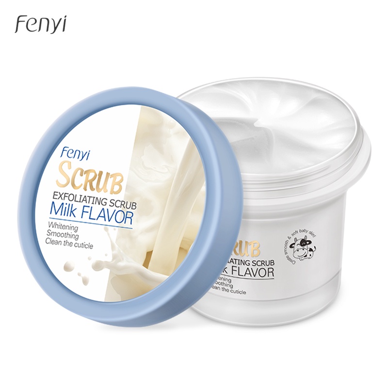 BPOM Fenyi Milk Body Scrub Eksfoliasi Lengan dan Kaki Krim Mencerahkan Menutrisi Membersihkan dengan Lembut 100g