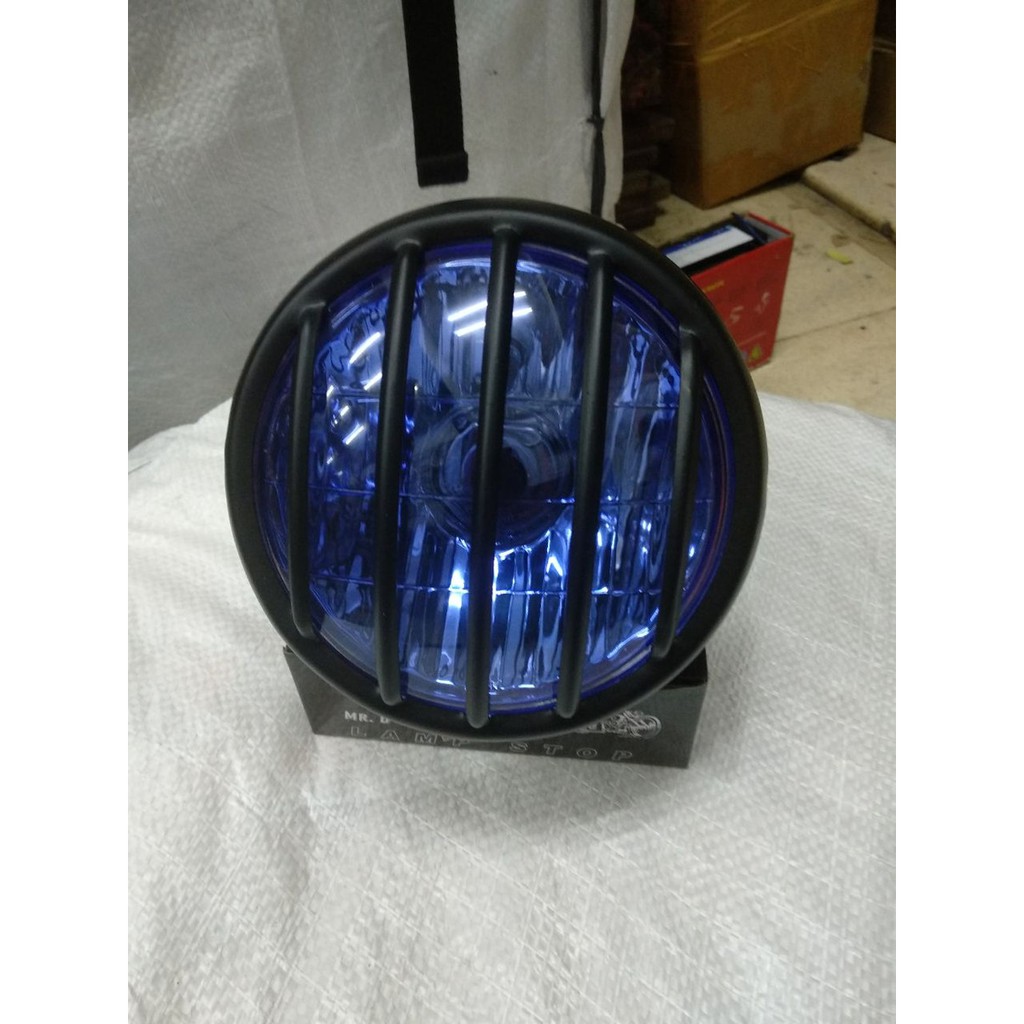 HEADLAMP LAMPU DEPAN MOTOR BULAT VARIASI CUSTOM MODEL BATOK GARIS TERALIS WARNA BIRU JAPSTYLE
