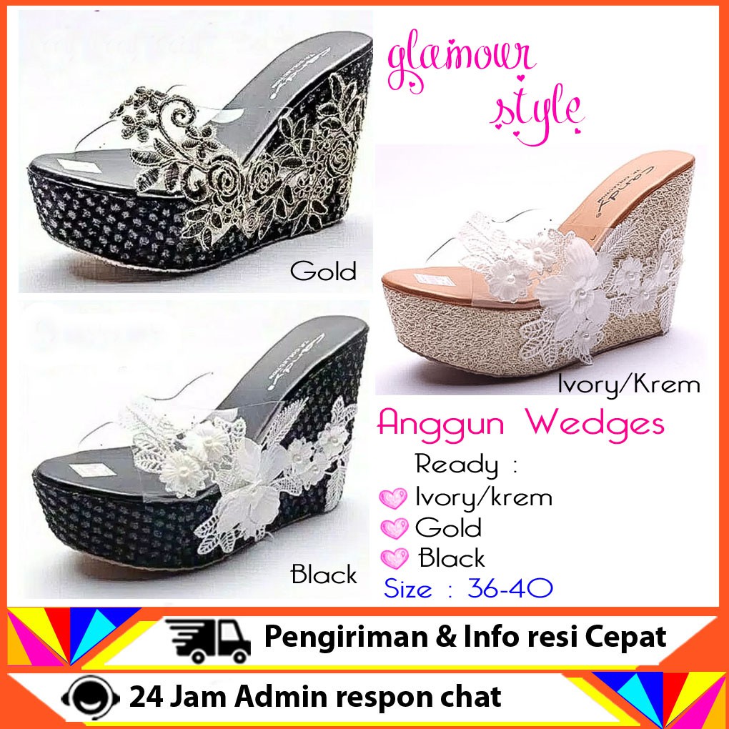 Sandal Selop Wedges Wanita Brukat Bunga Alez Mika Hitam Putih Krem