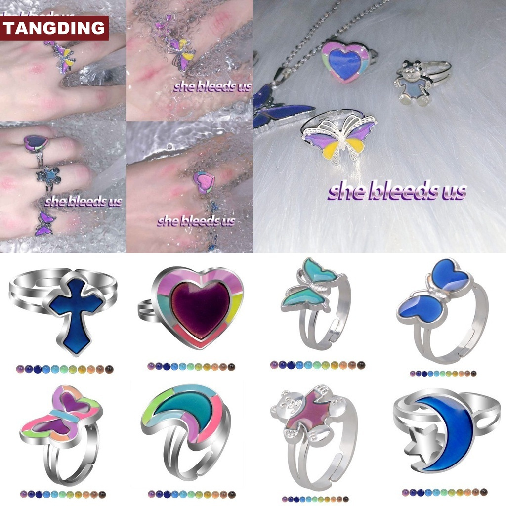 【COD Tangding】Adjustable Glow-in-the-night Peach Heart Love Butterfly Moon Pentacle Sense of Temperature Mood Color Ring