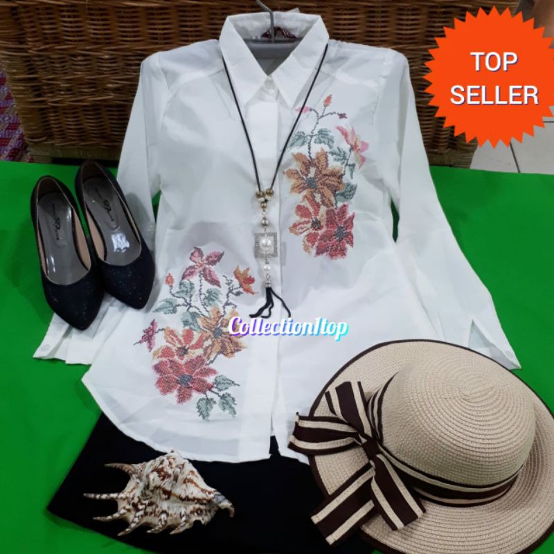 KEMEJA BORDIR BUNGA TERBARU PAKAIAN CEWEK MOTIF BUNGA PUTIH KANTOR PAKAIAN CEWEK ATASAN PEREMPUAN BO