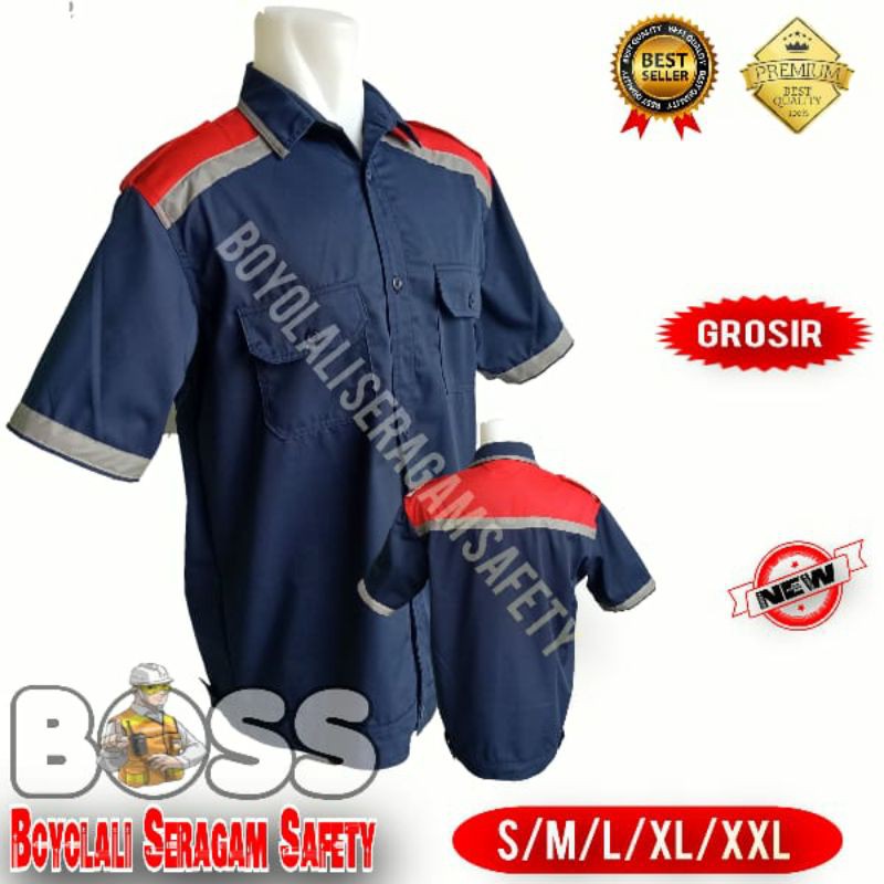 BAJU SERAGAM SAFETY PENDEK KOMBINASI NAVY MERAH