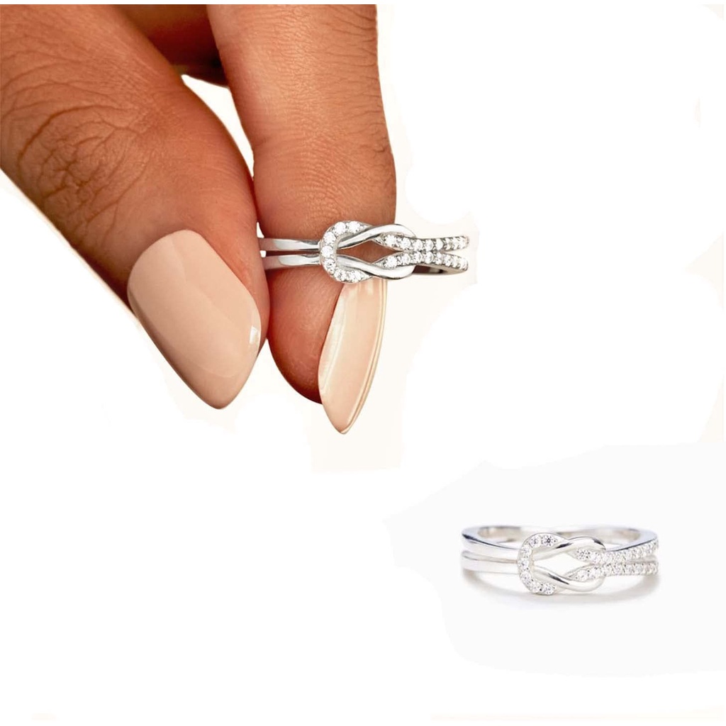 Cincin Kristal Bentuk Simpul Persegi Warna Silver Gaya Vintage Untuk Wanita