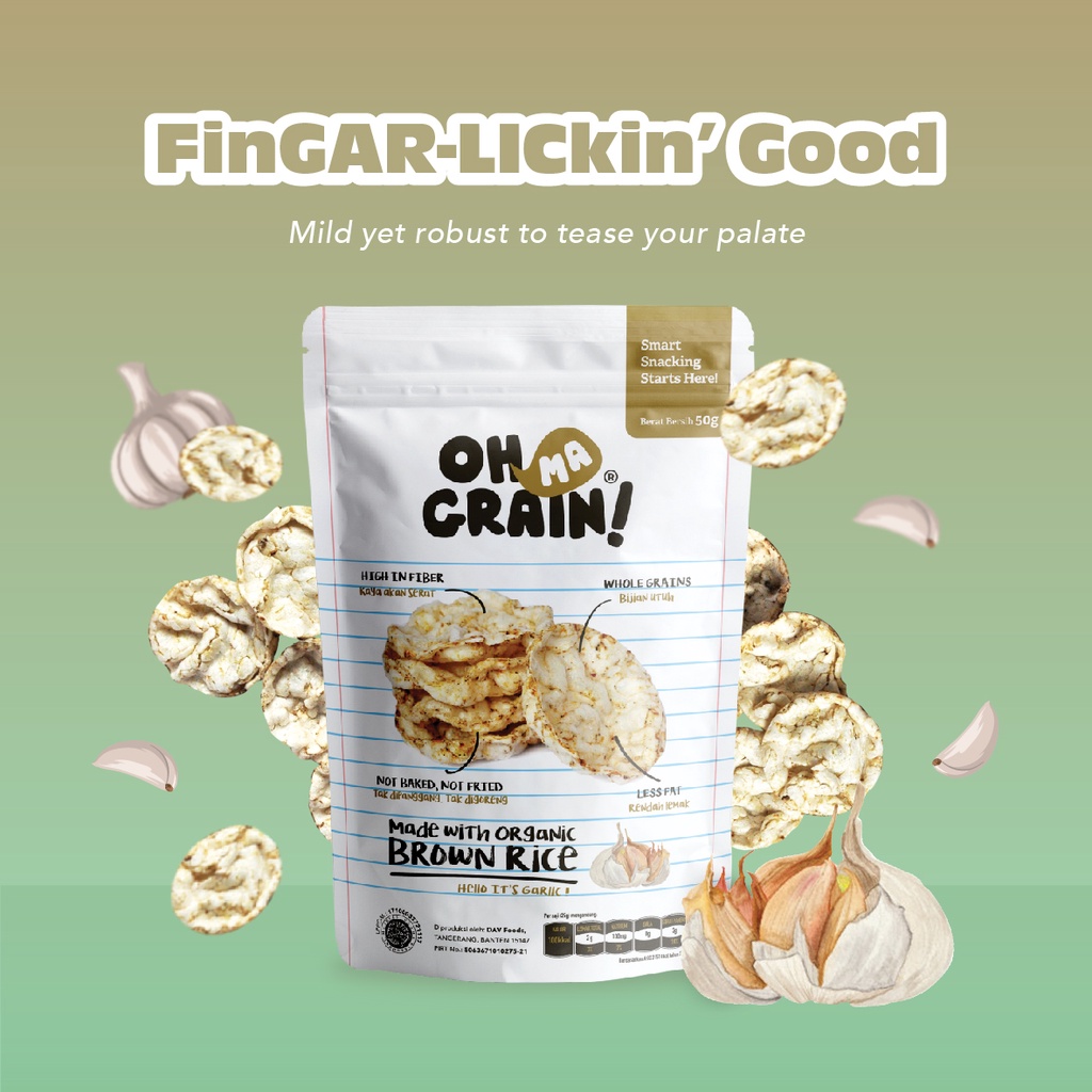 Oh Ma Grain Popped Rice Crackers -Garlic- organik cemilan sehat