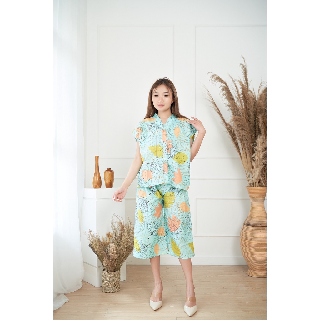 IZANY Piyama Dewasa Kimono Kulot / SET Kimono Kulot V Banyak Motif-MAPLE GREEN