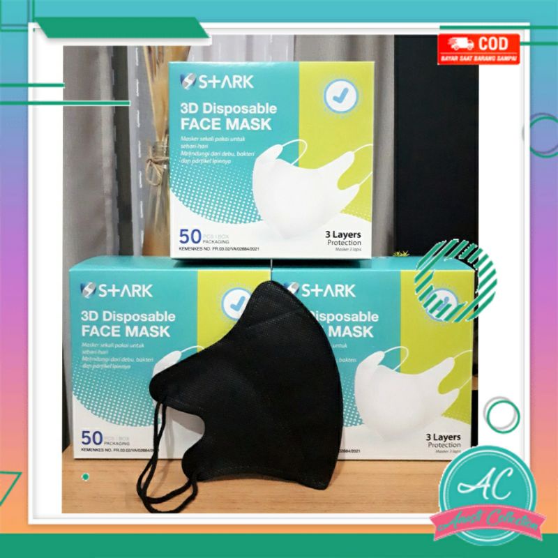 1 box 50 pcs MASKER duckbill stark face mask Hitam murah kualitas kemenkes + konektor jilbab hijab