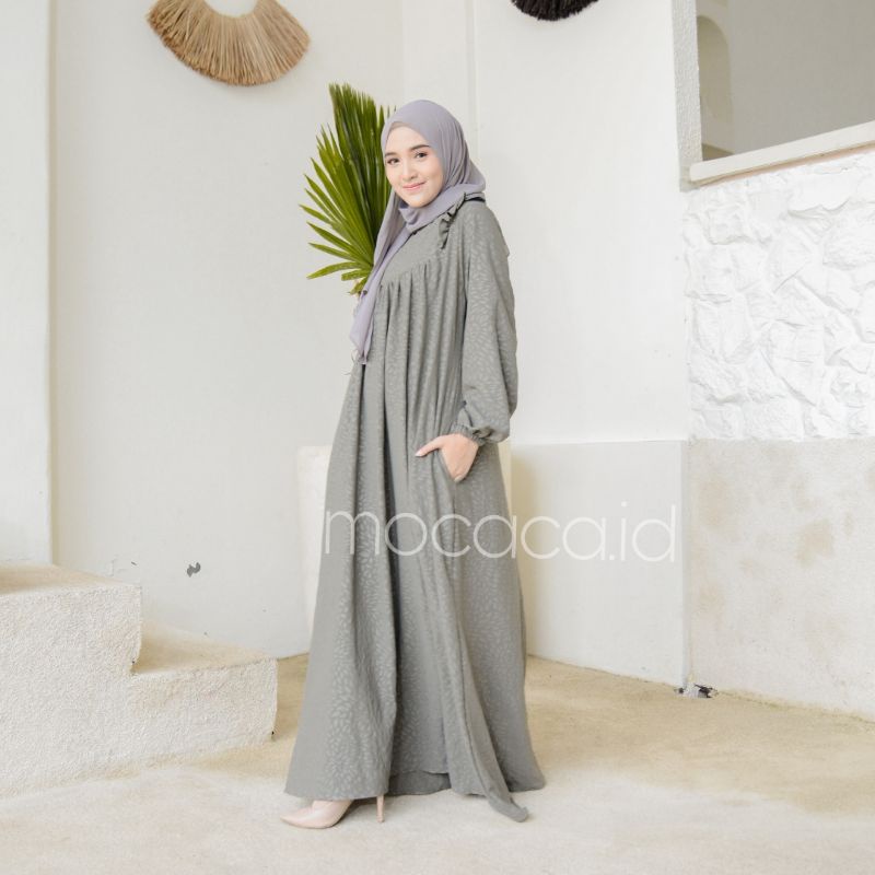 Dress Premium Lebaran maxi rok saku kanan busui friendly peach salem hijau abu pink biru baby blue sky cocok untuk hari raya bahan embos crincle premium