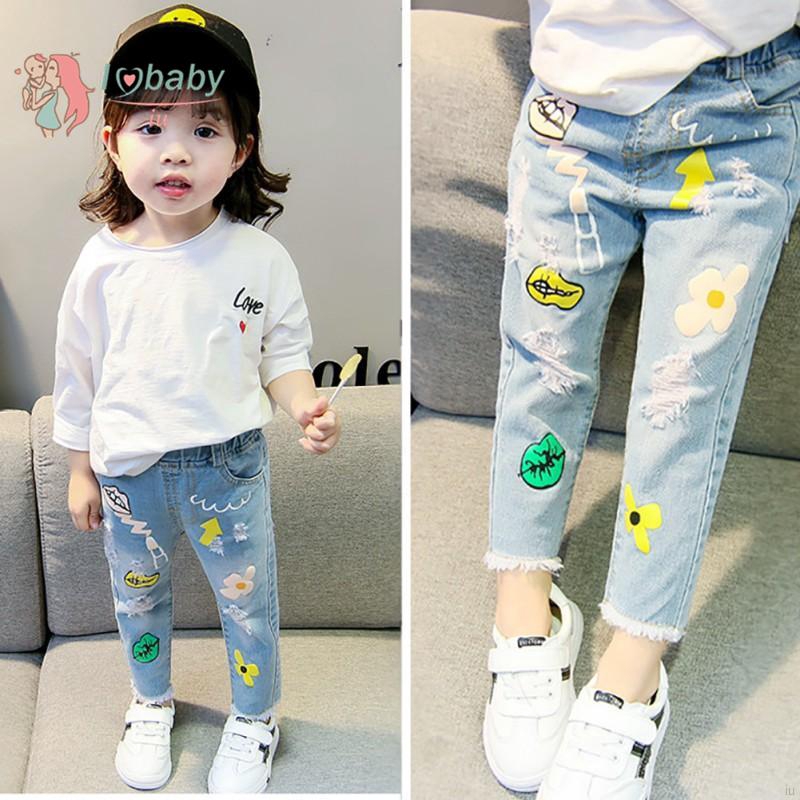  Celana  Jeans Anak  Perempuan Desain  Cetakan Kartun Robek 