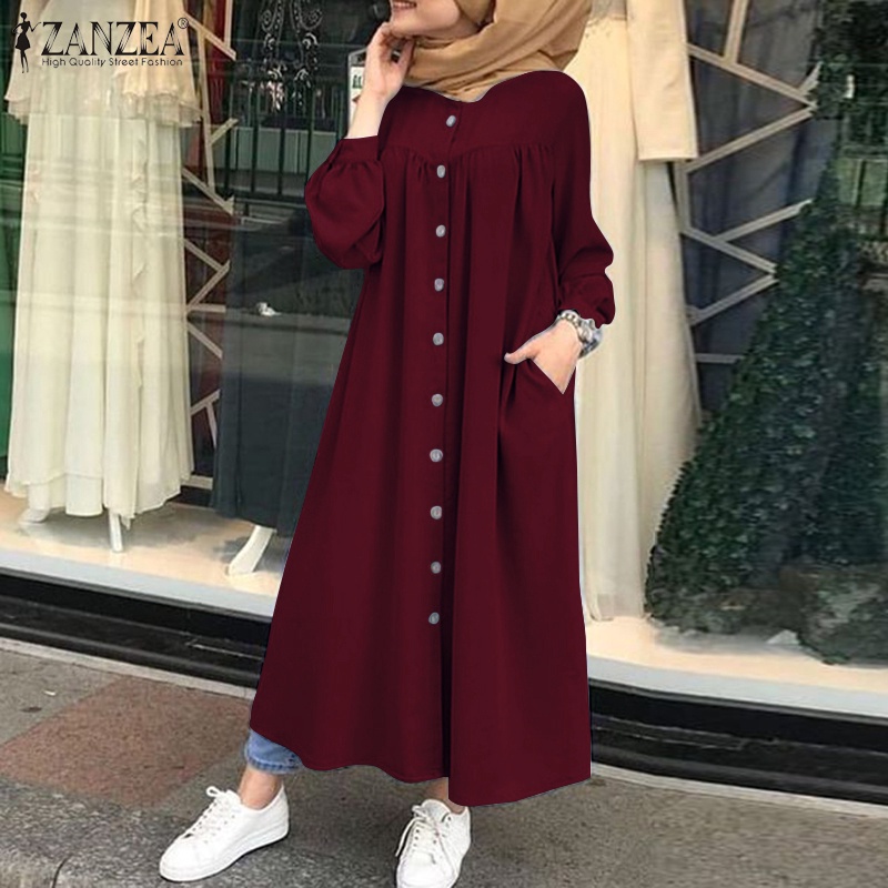 ZANZEA Women Lantern Sleeve Buttons Muslim Loose Casual Maxi Dress