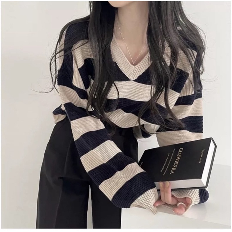 ZETTA KNITE SWEATER | SWEATER RAJUT STRIP WANITA KOREAN