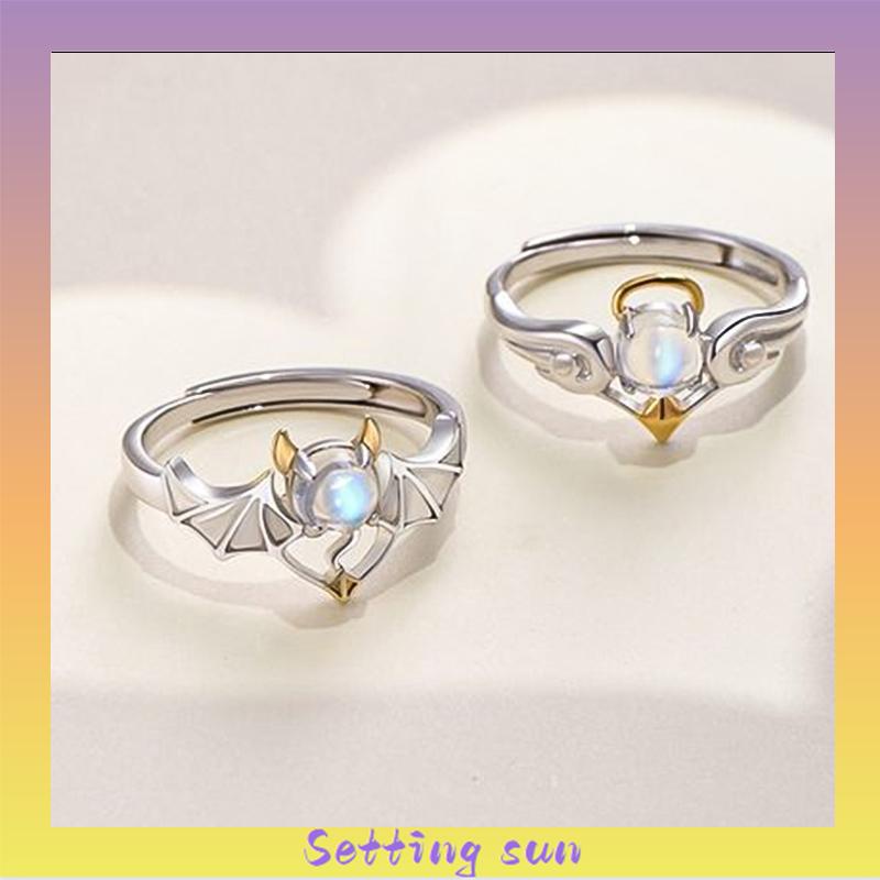 COD✨Cincin Wanita Perak Biru Moonstone Malaikat Setan Gaya Retro TN