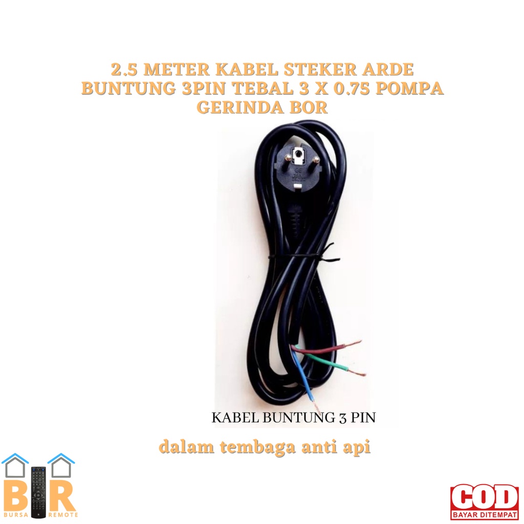 Kabel Steker ARDE BUNTUNG 3PIN TEBAL 3 X 0.75 POMPA GERINDA BOR 2.5meter isi tembaga anti api