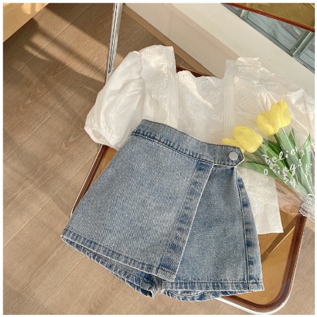 SET ANAK CEWEK JEANS CELANA ROK SIZE 100-140  ATASAN PUTIH RENDA + CELANA ROK IMPORT