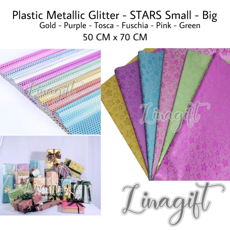 ( 3 Lembar ) PLASTIC METALLIC GLITTER STARS - PLASTIK KADO METALIK GLITER PASIR BINTANG STAR SILVER GOLD CLASSIC VINTAGE EXCLUSIVE EUSTHATIC