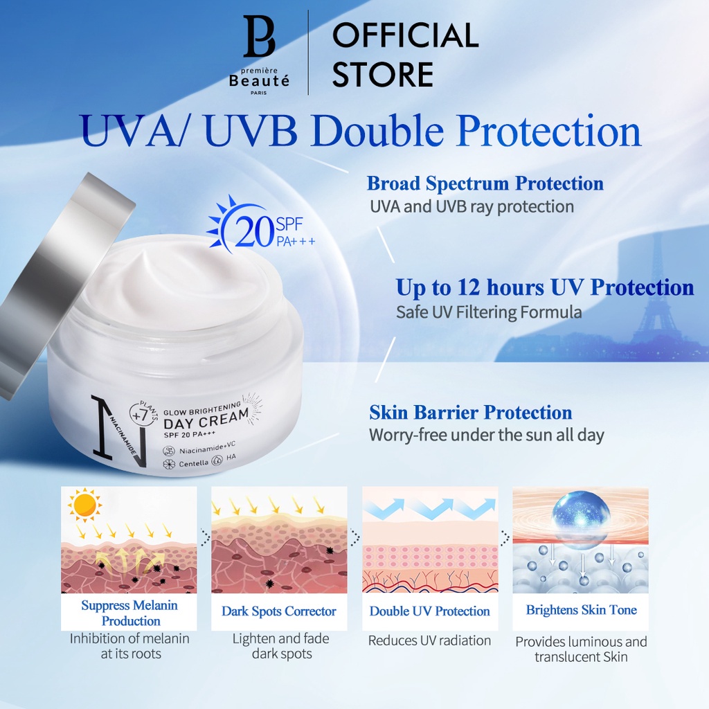 [ORI] Day Cream Premiere Beaute Luminous Whitening Glowing 30g SPF 20+++ Sun Care Protection