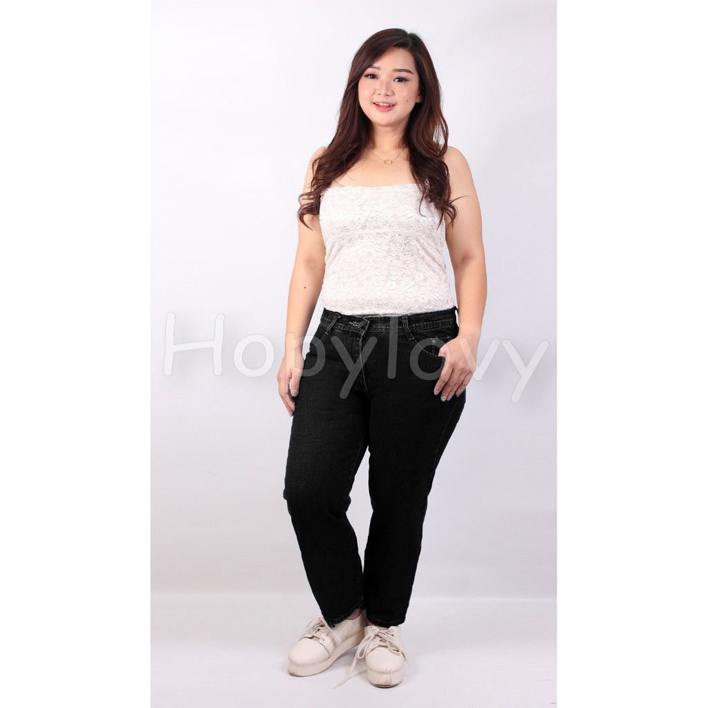 HOPYLOVY - Celana Wanita Plain Boyfriend Jeans UKURAN JUMBO (SIZE 31 - 36)