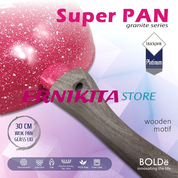 BOLDe SUPER PAN WOK PAN GLASS LID BLACK PINK 30 CM - Wajan Penutup Kaca Granite Coating