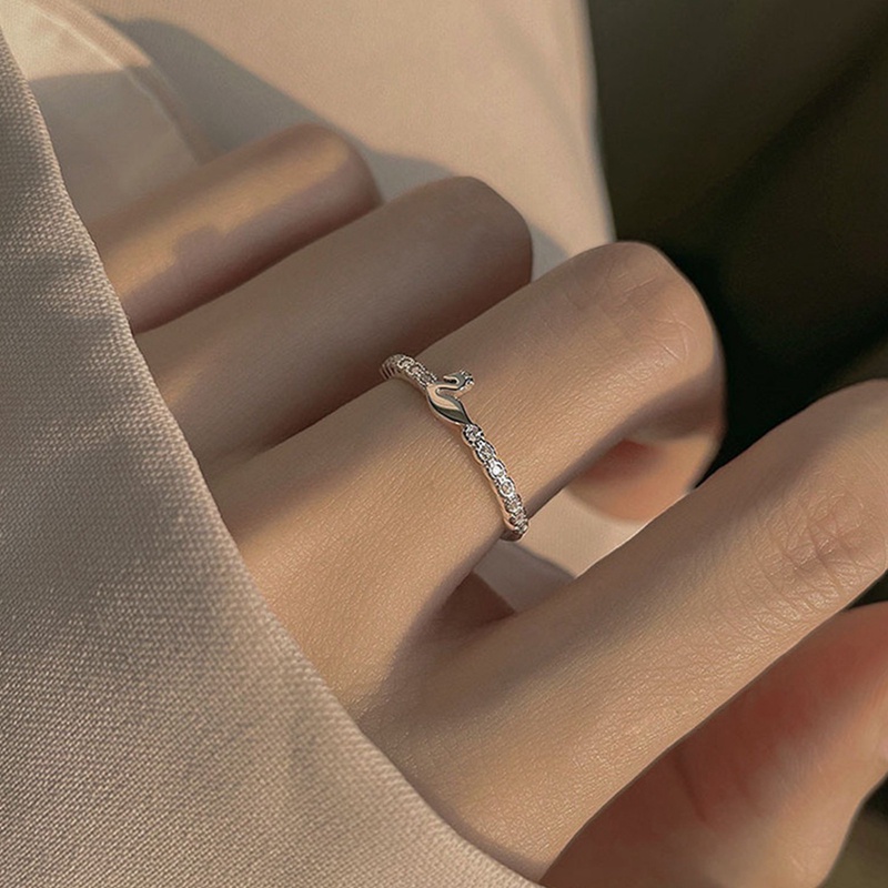 Cincin Sterling Silver S925 Model Terbuka Desain Angsa Kecil Aksen Berlian Gaya Korea Untuk Wanita