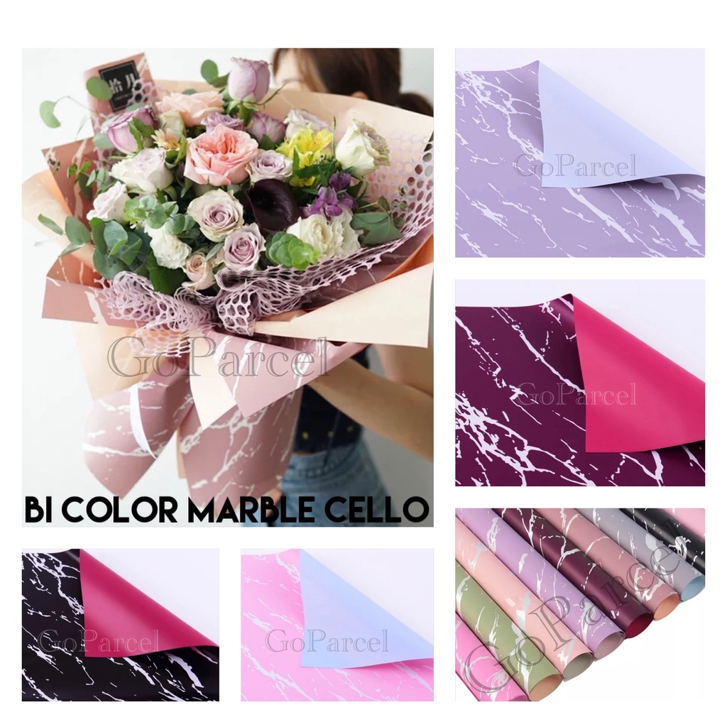 ( 5 Lembar ) BICOLOR SOLID MARBLE - FLOWER WRAPPING PAPER KOREAN CELLOPHANE PLASTIC WATERPROOF/ KERTAS BUNGA MARMER/ BUKET DOUBLE COLOR