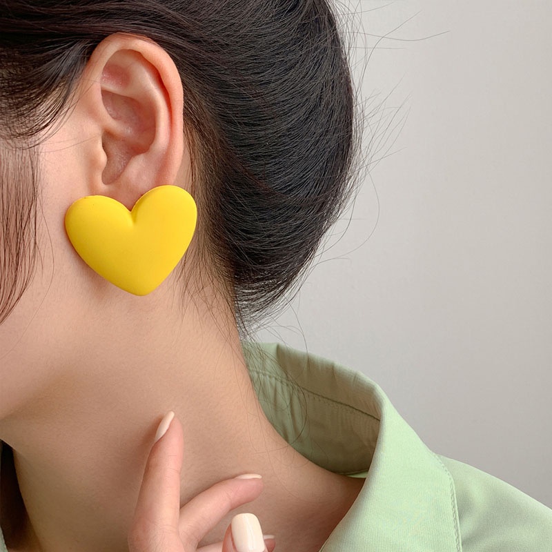 Anting Stud Bentuk Hati Warna Hitam Putih Pink Kuning Gaya Korea Untuk Wanita