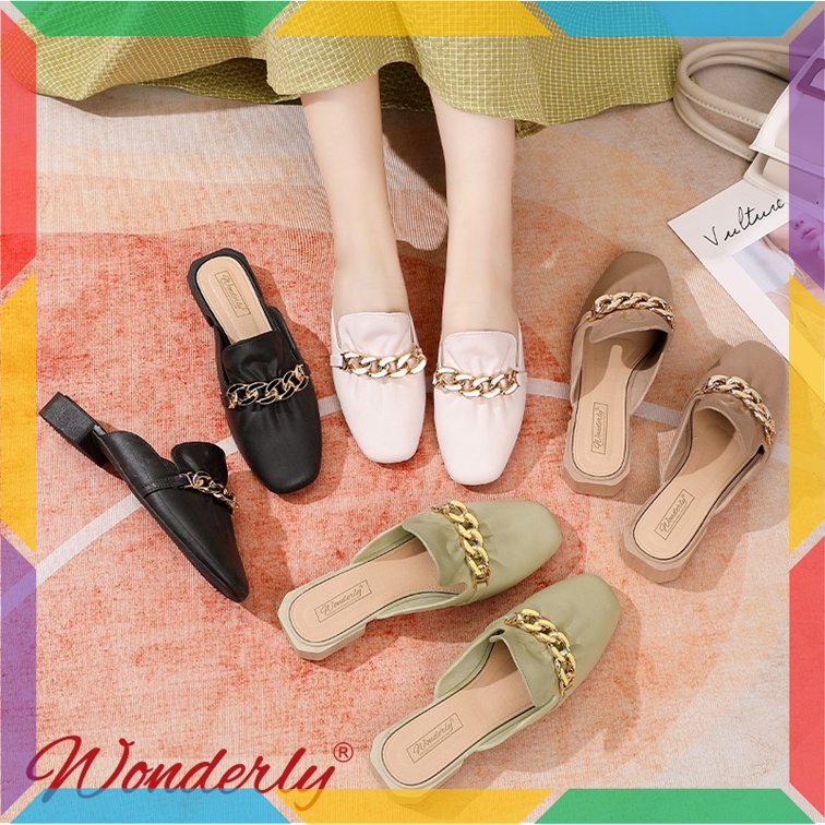 1301-2 Sepatu Sandal Slop Wanita Wonderly Tali Rantai Sepatu Selop Mules Cewek Karet Empuk Glanzton