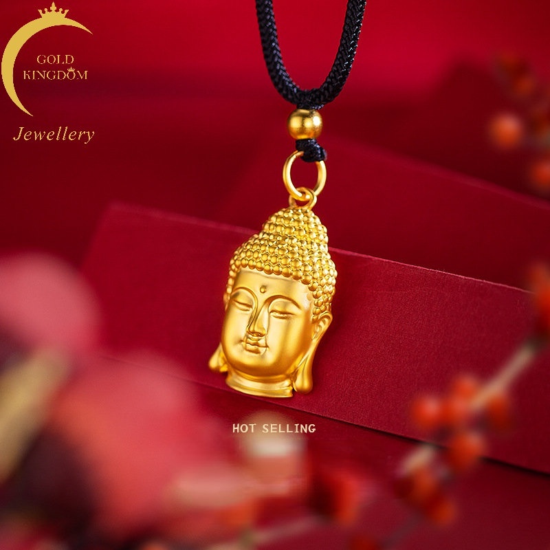 Goldkingdom Fashion Perhiasan Emas Asli Kadar 375 Bangkok Aksesoris Ready Stock Lapis Emas Unisex Mutiara Nikel Perdamaian Buddha Kepala Liontin Buddha Kalung