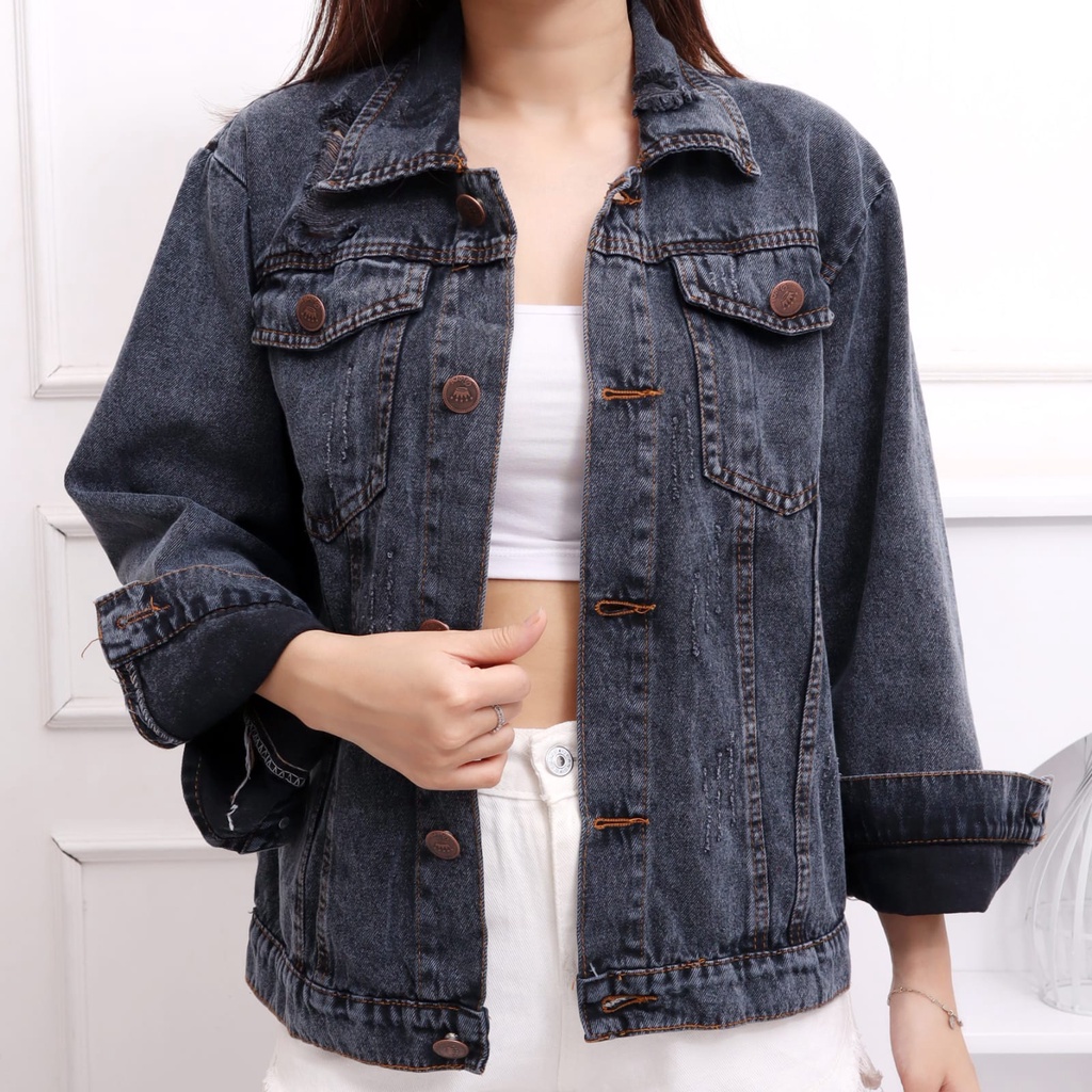 FWR - JAKET JEANS WANITA RIPPED JUMBO SNOW BLUE OVERSIZED KARINA