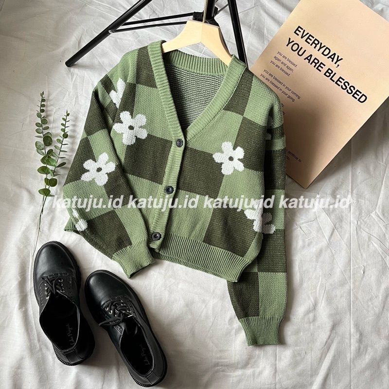 CARDIGAN RAJUT CROP MOTIF KOTAK BUNGA PREMIUM