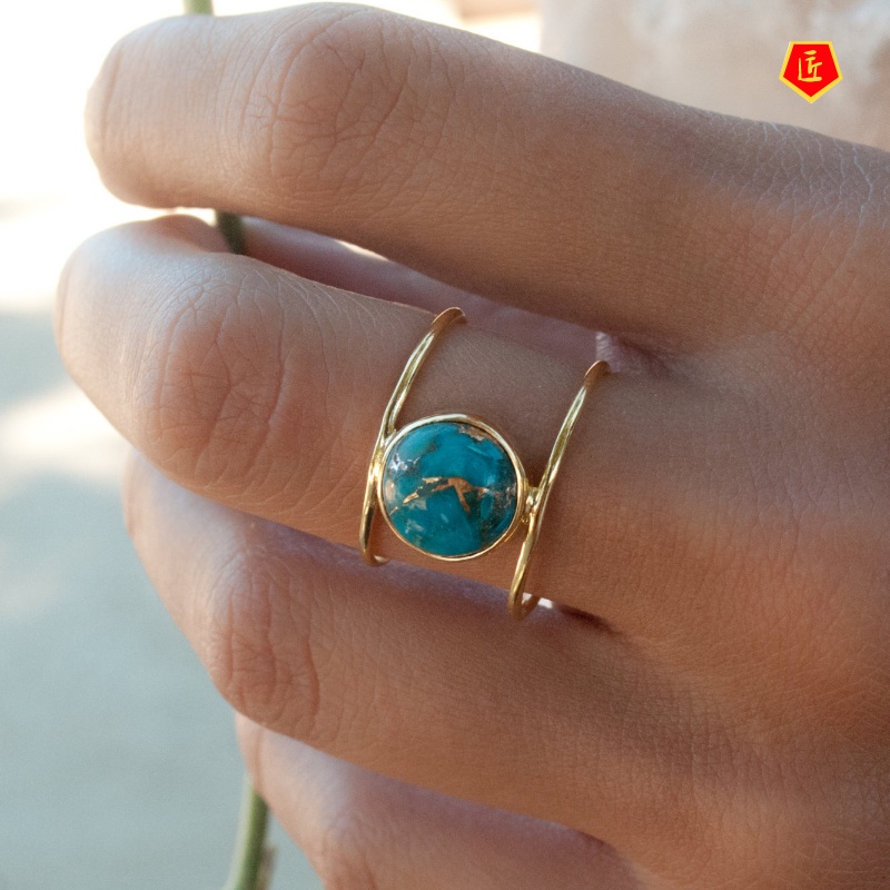 [Ready Stock]Women's New 18K Gold Exaggerated round Large Turquoise Ring