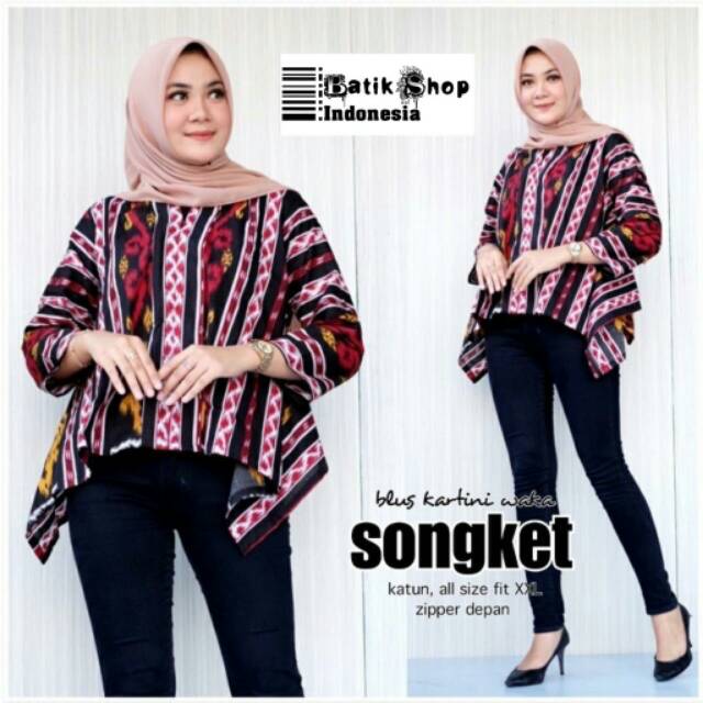 Blus Kartini Waka Songket Tenun Warna Batik Aserehe Modern Blouse Kerja Kantoran Atasan Casual Kartini Sayap Baju Kondangan Modern Seragaman Tenun Troso Print