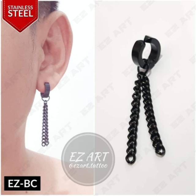 1Pc Model EZ-BC Black Hitam Anting Pria Wanita Jepit Tusuk Variasi Bandul