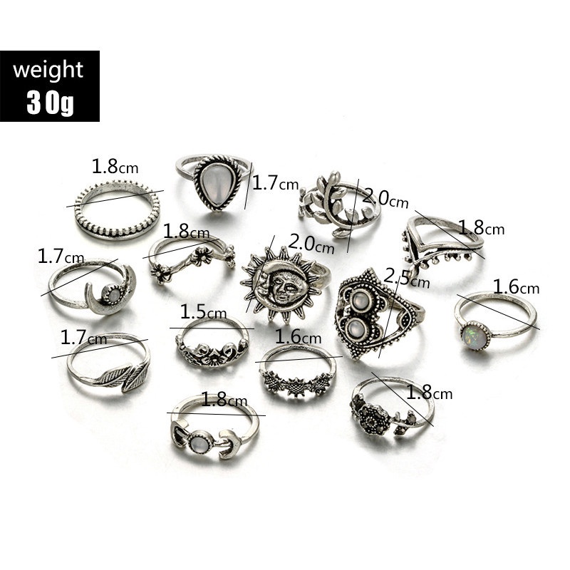 14pcs / Set Cincin Ukir Bentuk Bunga Matahari Bulan Tetesan Air Untuk Wanita