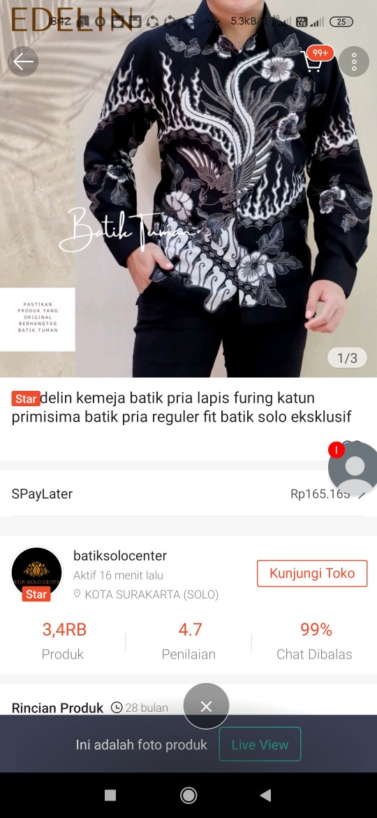 Edelin Kemeja Batik Pria Lapis Furing Katun Primisima Batik Pria Reguler Fit Batik Solo Eksklusif