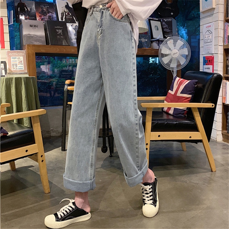 korean style new biru muda straight celana jeans longgar wanita