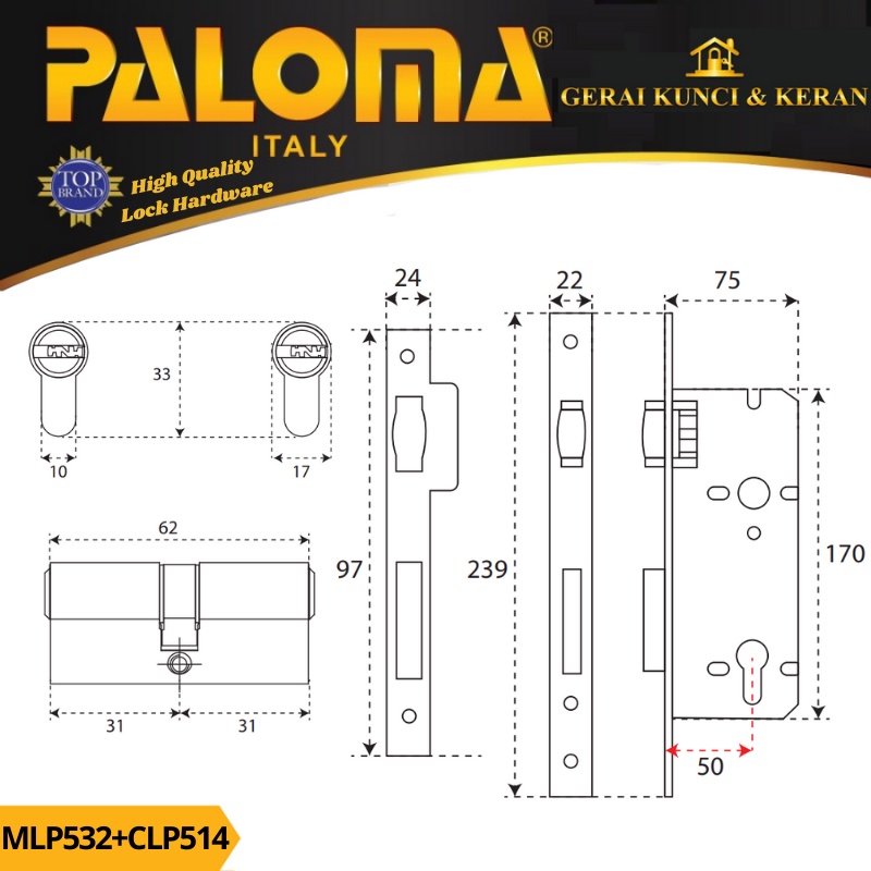 PALOMA MORTISE LOCK SET CYLINDER MLP 532 CLP 514 BODY KUNCI PELOR BACKSET 50MM CYLINDER 62MM SN KOMPUTER KEY